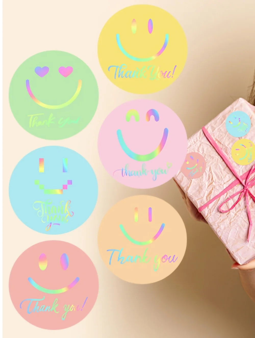 150 Holographic Pastel Thank You Smiley Sticker Labels 1.5